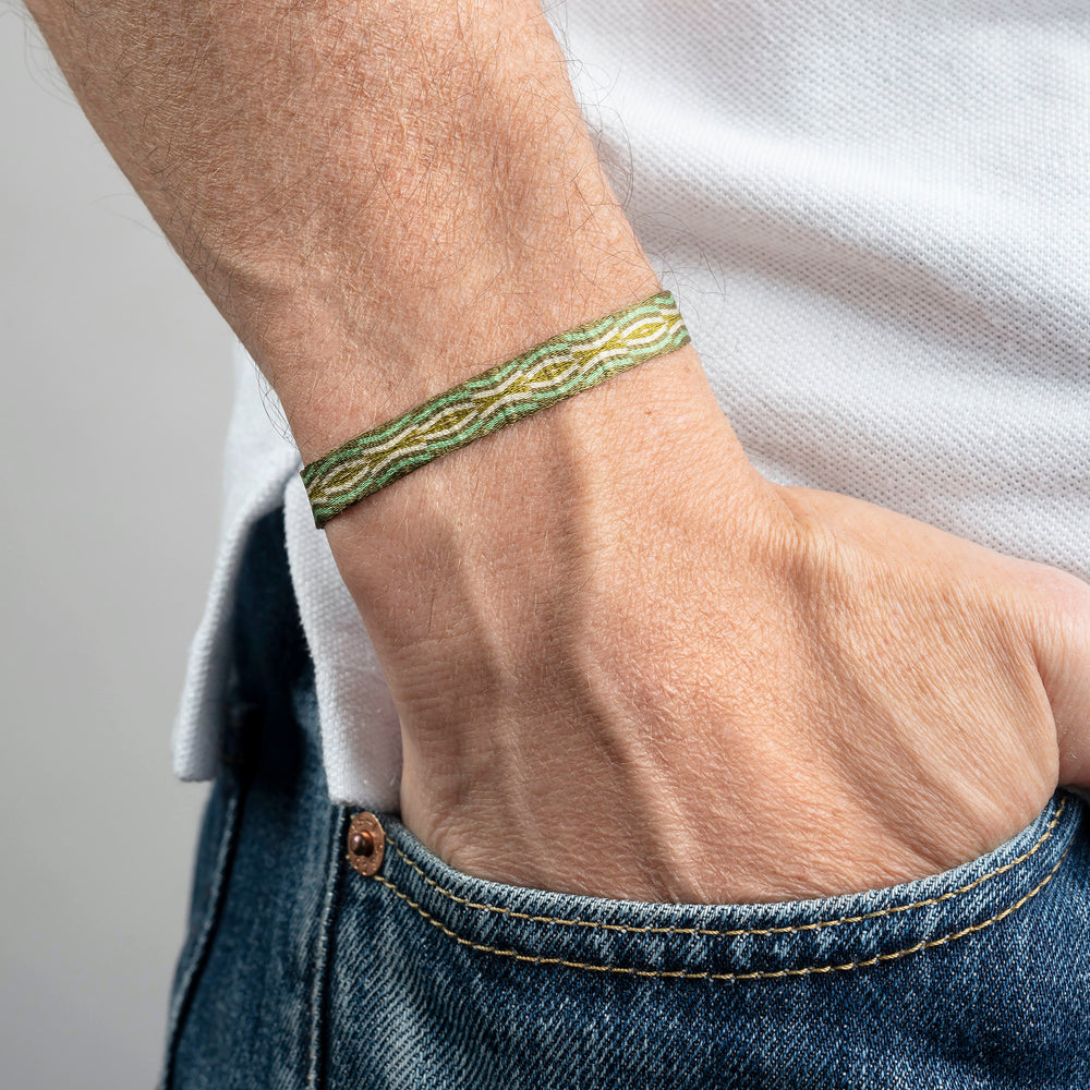 Handwoven Egyptian Loom Army Green Surfer Bracelet on Model