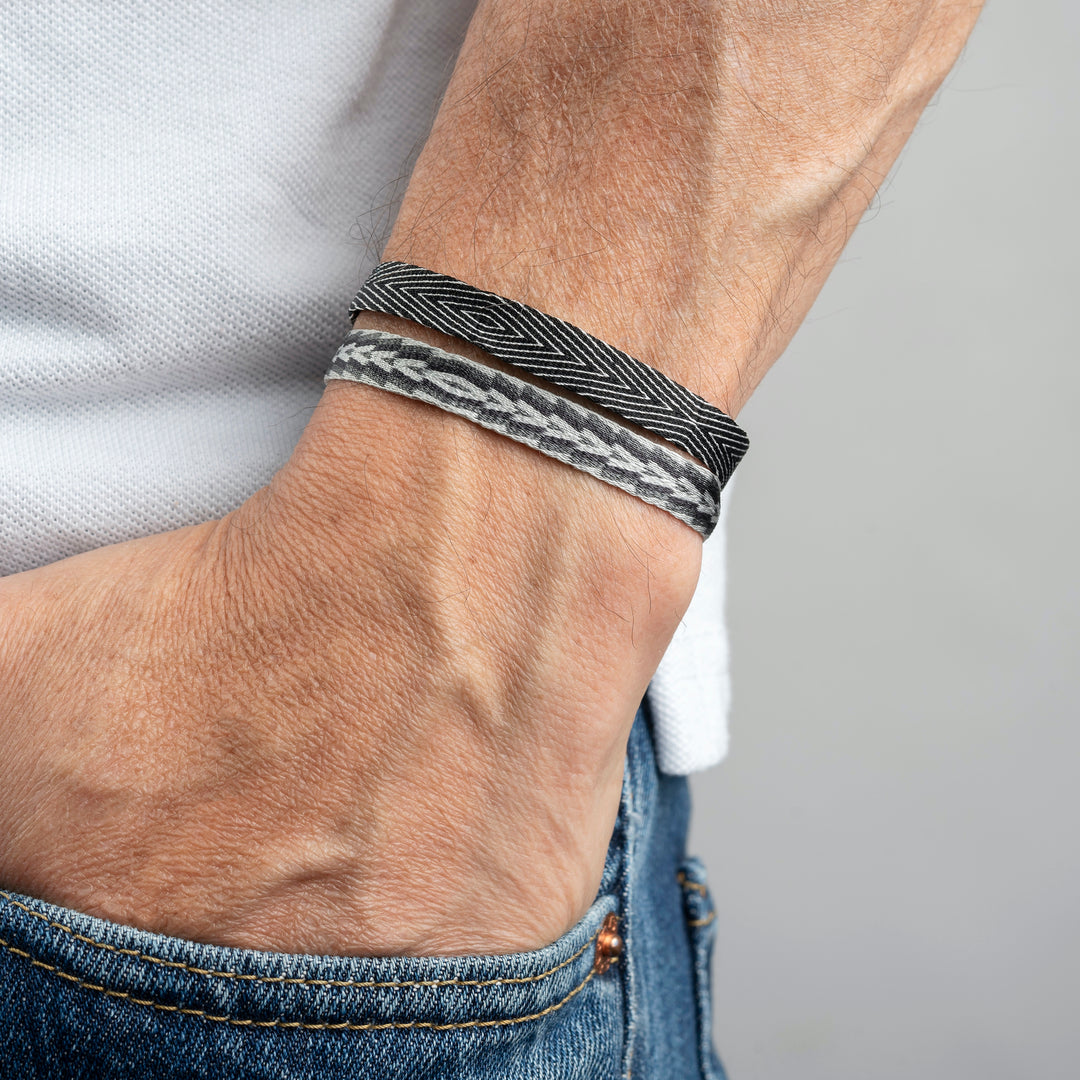 Handwoven Black, Grey and White Surfer Bracelet – Egyptian Loom Bracelet on Wrist