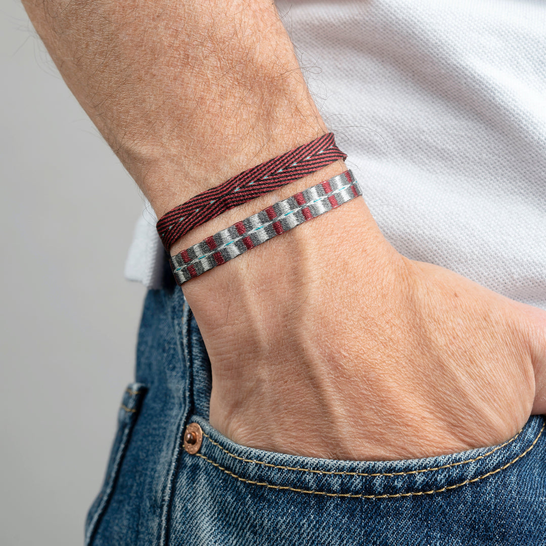 Handwoven Egyptian Loom Red-Black and Burgundy-Silver Surfer Bracelet on wrist