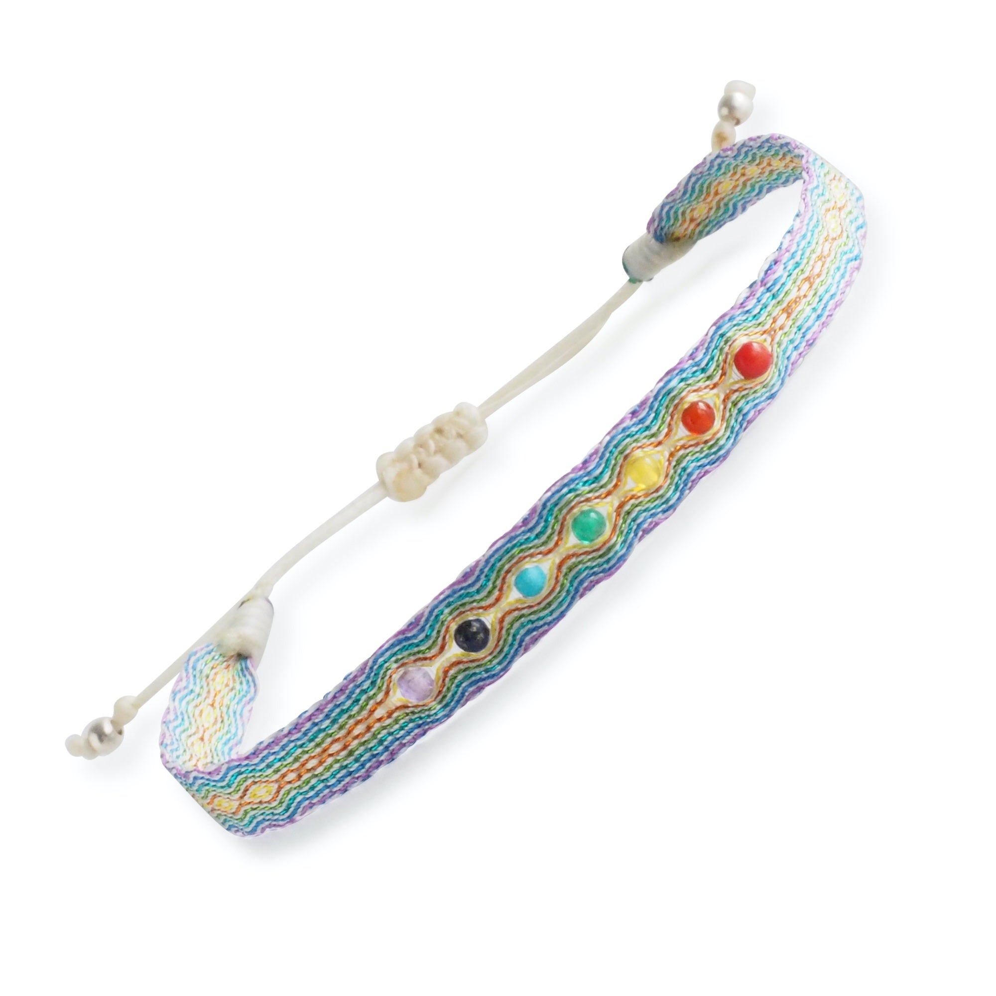 Egyptian Loom Wellness Chakra Bracelet light made with 80 polyester threads with 7 gemstones representing each chakra. Adjustable Bracelet