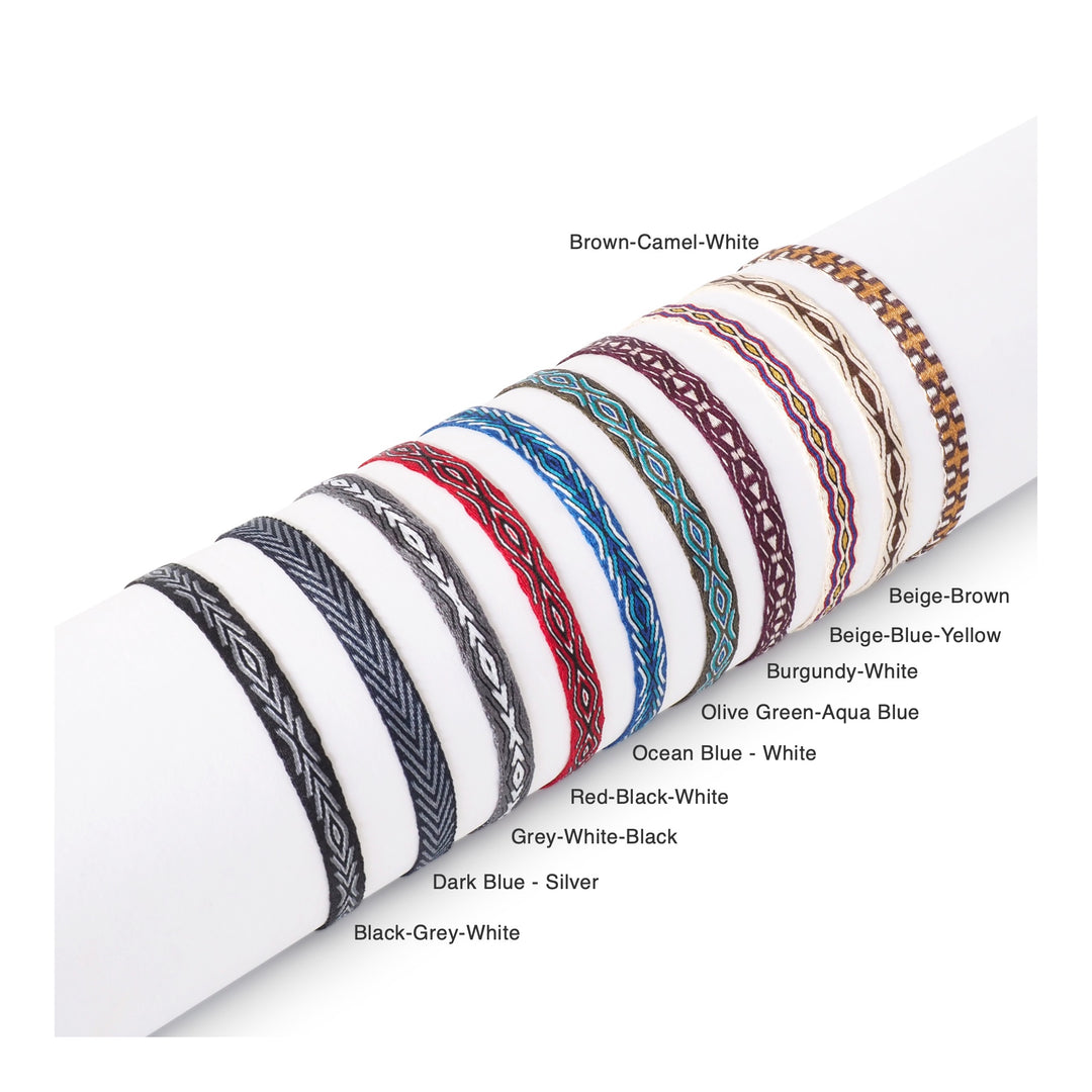 Handwoven boho style surfer bracelet for men. Handmade in Colombia. Color variations