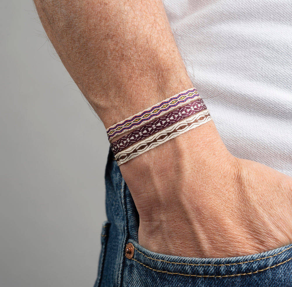 Handwoven boho style surfer bracelets with geometric pattern; adjustable and handmade in Colombia.