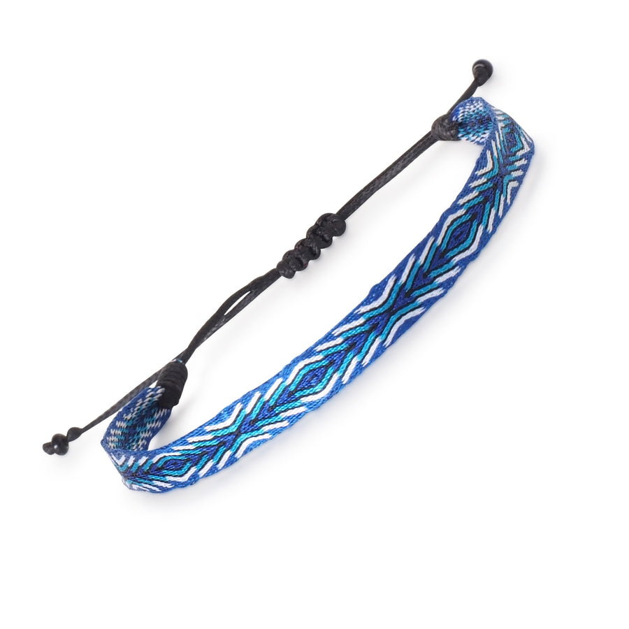 Ocean blue and white surfer bracelet with adjustable cord, handwoven in Colombia with waterproof thread.