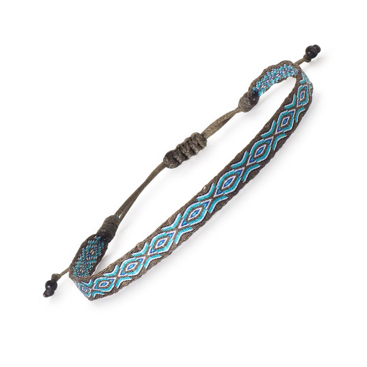 Handwoven olive green and aqua blue surfer bracelet for men. Handmade in Colombia. 

