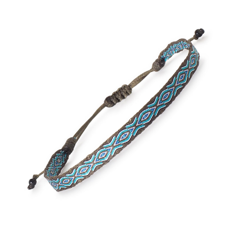 Handwoven olive green and aqua blue surfer bracelet for men. Handmade in Colombia. 

