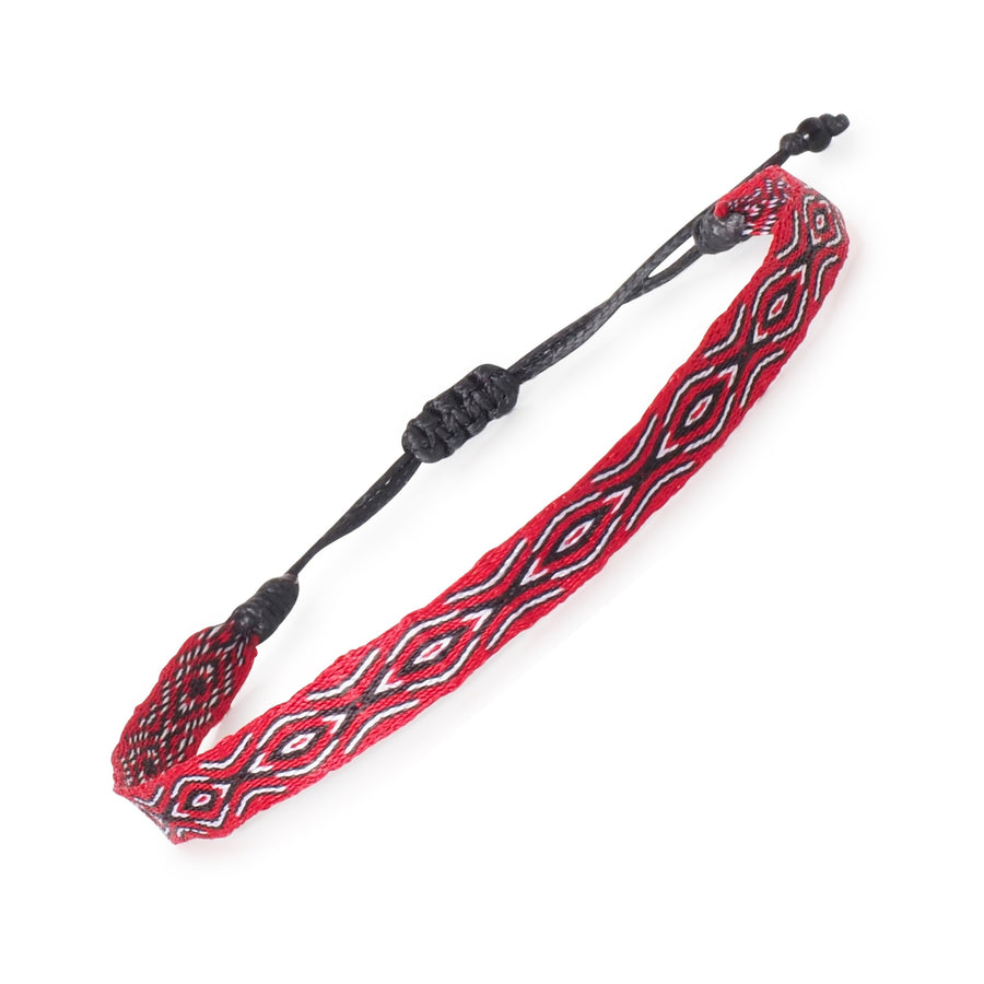 Red, black, and white handwoven Egyptian Loom bracelet with diamond pattern and adjustable black cord. Handmade in Colombia.