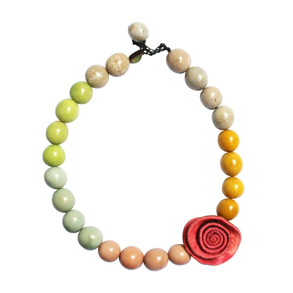 One Rose Multicolor Necklace, Orange Peel Necklace, Coral with multicolor tagua beads