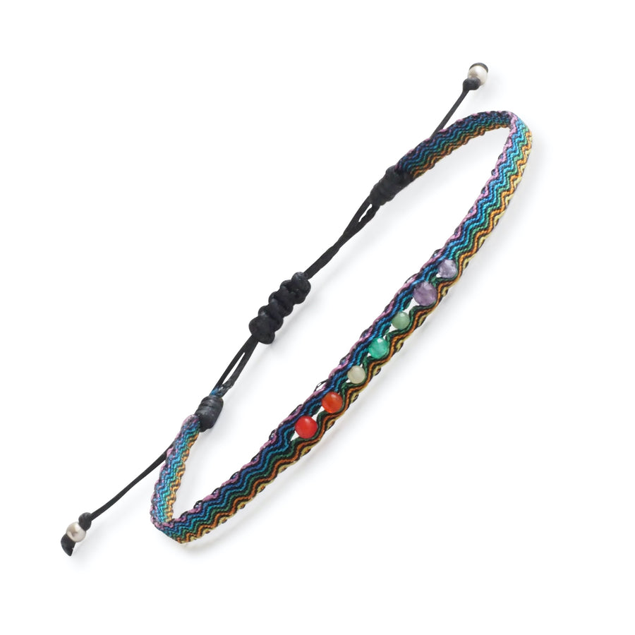 Egyptian Loom Harmony Chakra Bracelet dark made with 40 polyester threads with 7 gemstones representing each chakra. Adjustable Bracelet