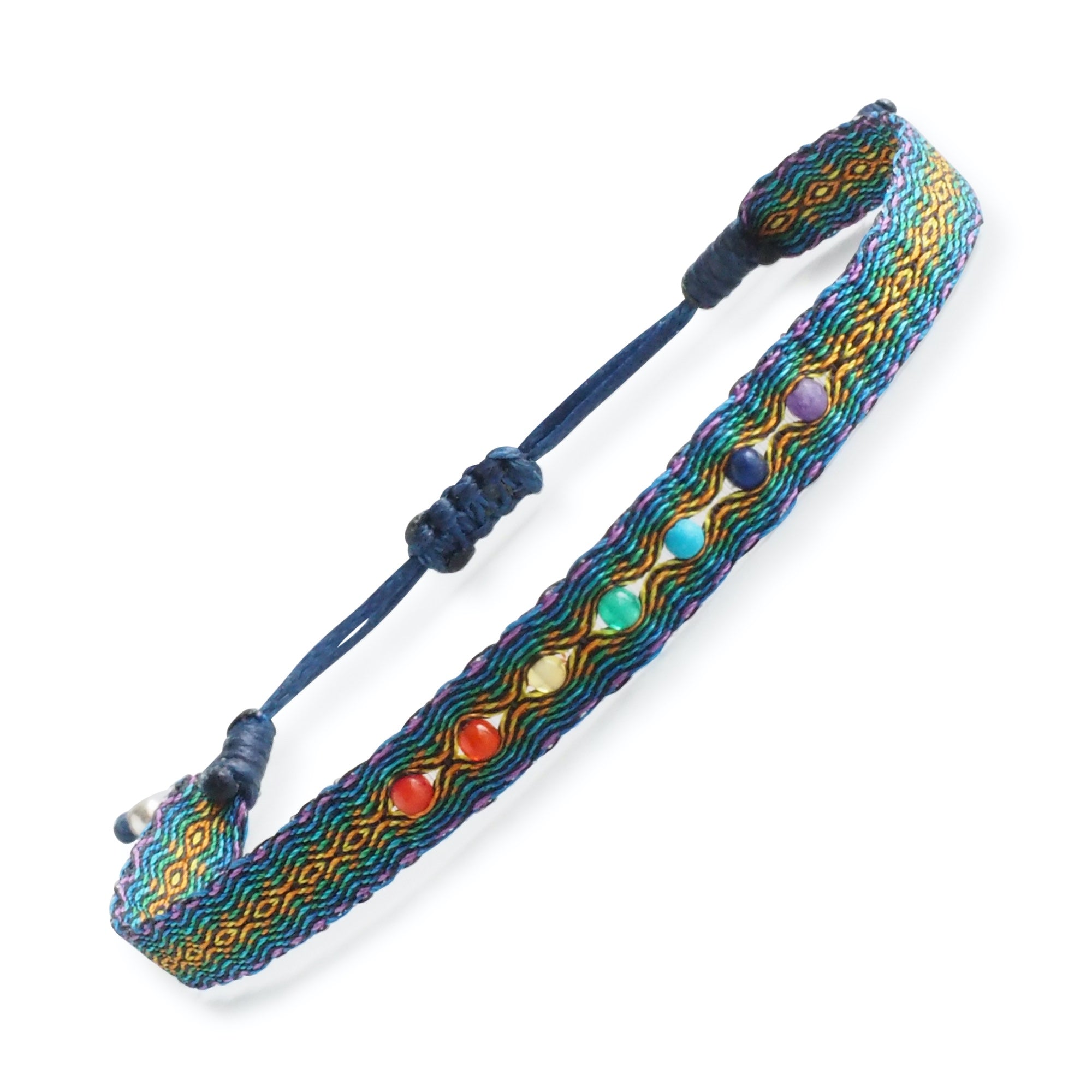 Egyptian Loom Wellness Chakra Bracelet dark. Made with 80 polyester threads with 7 gemstones representing each chakra. Adjustable Bracelet