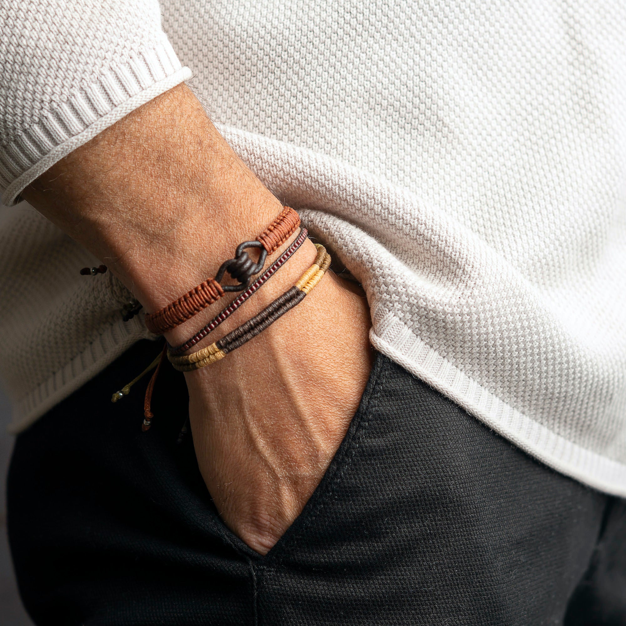 Macrame Bracelet, Leather Bracelet, Miyuki Bracelet for Men Set of 3, Caramel on wrist/model