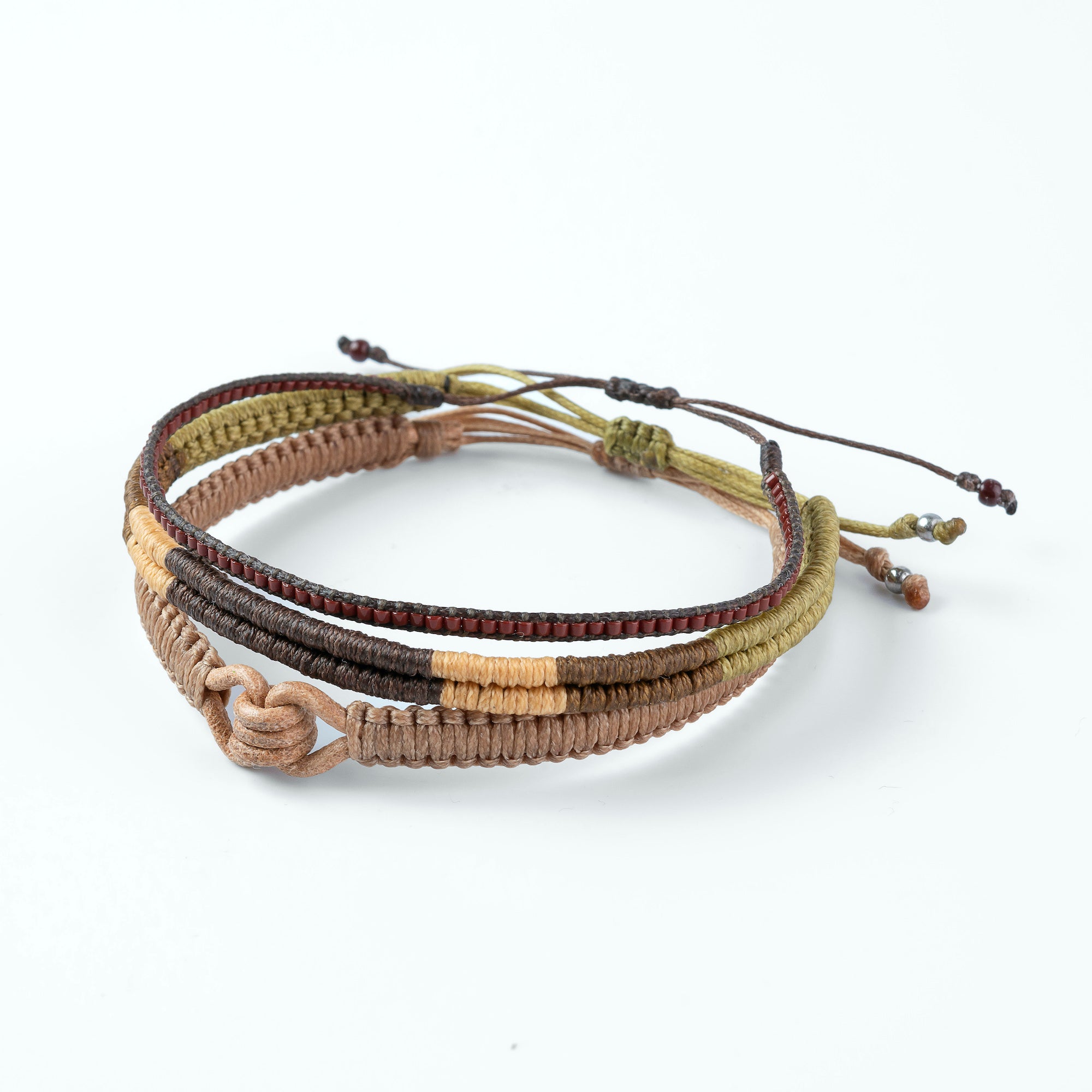 Macrame Bracelet, Leather Bracelet, Miyuki Bracelet for Men Set of 3, Camel