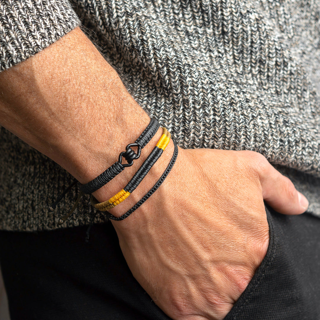 Macrame Bracelet, Leather Bracelet, Miyuki Bracelet for Men Set of 3, Black on wrist/model