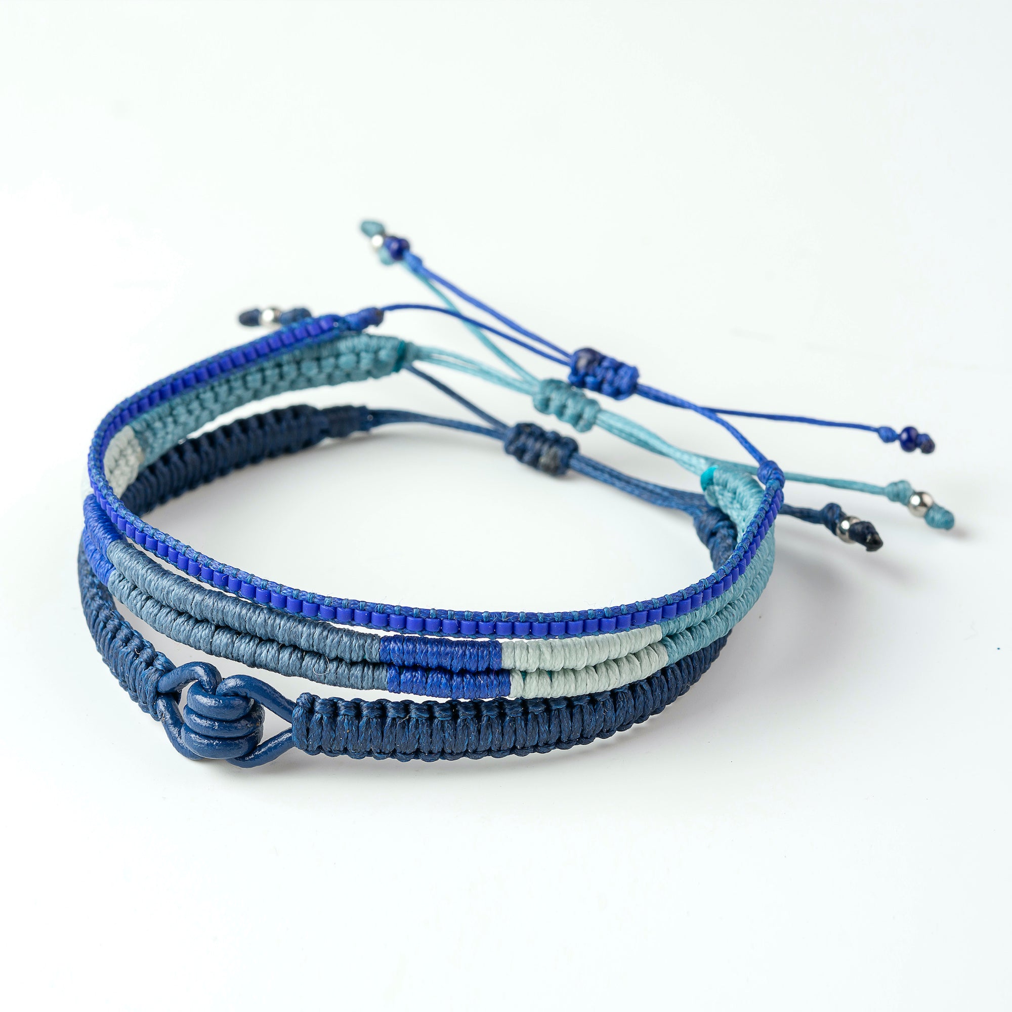 Macrame Bracelet, Leather Bracelet, Miyuki Bracelet for Men Set of 3, Blue