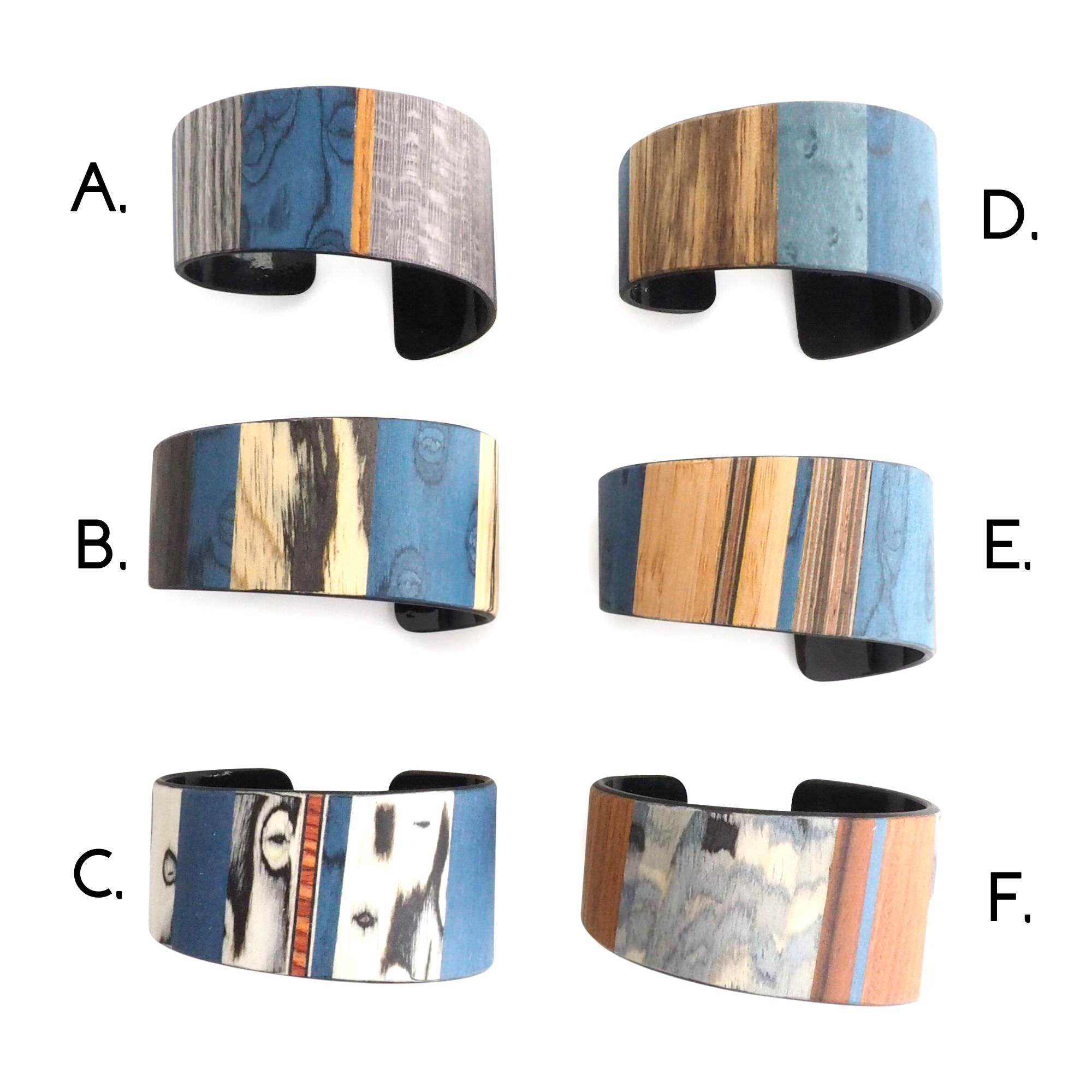 Upcycled Small Wood Cuff Bracelet BLUES