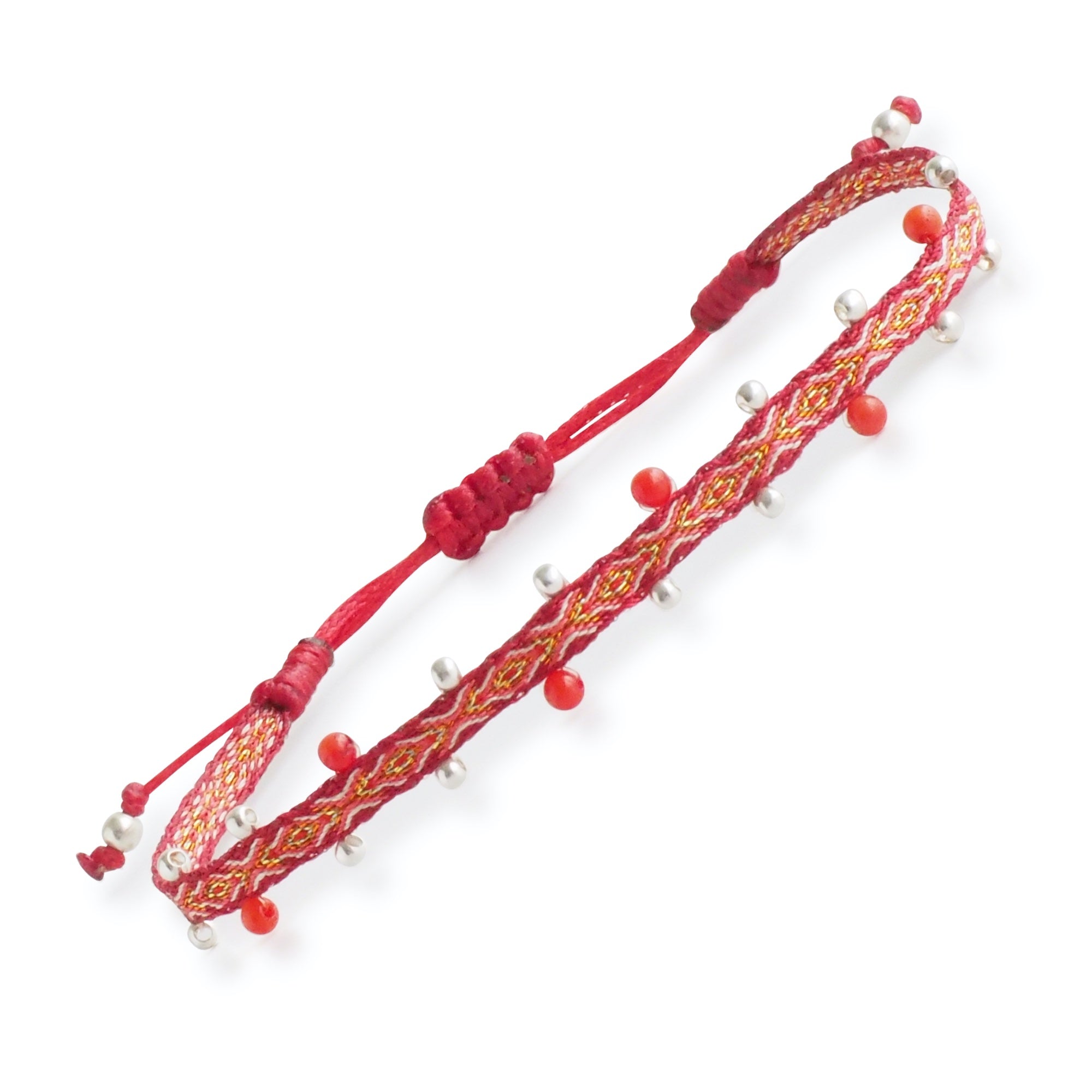 Egyptian Loom Bracelet Red Chakra Bracelet, with lateral sterling silver beads and coral gemstones, 40 threads bracelet