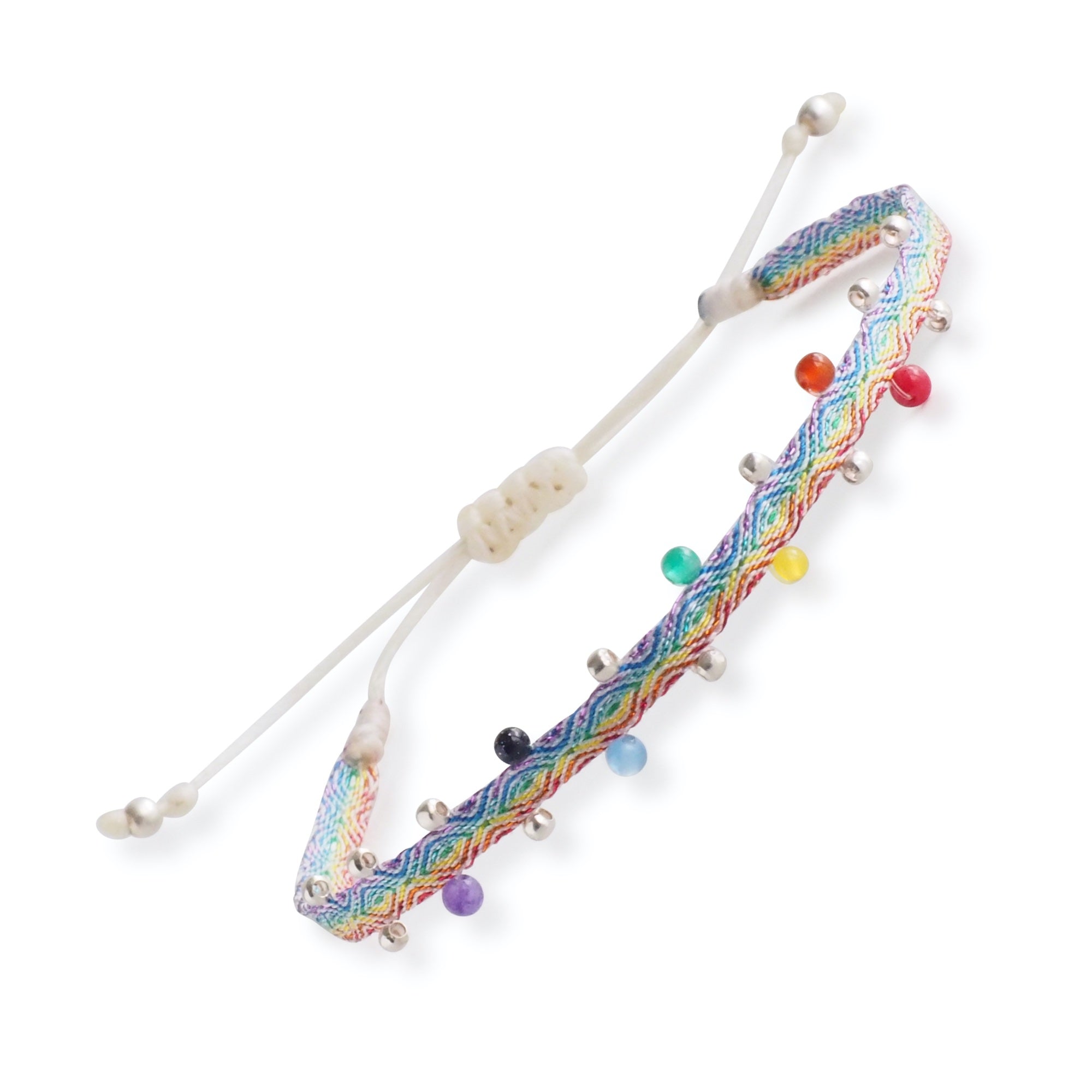 Egyptian Loom Bracelet 7 Chakras Bracelet, with lateral sterling silver beads and gemstones, 40 threads bracelet