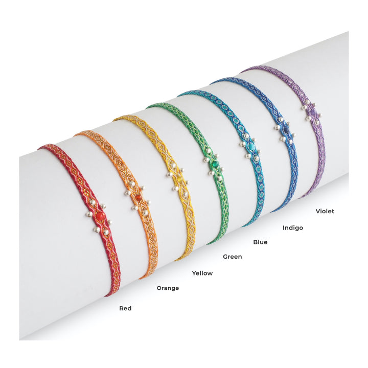 Adjustable Egyptian Loom Beaded Centered Chakra Bracelets Colors, With turquoise gemstone in the center and sterling silver beads