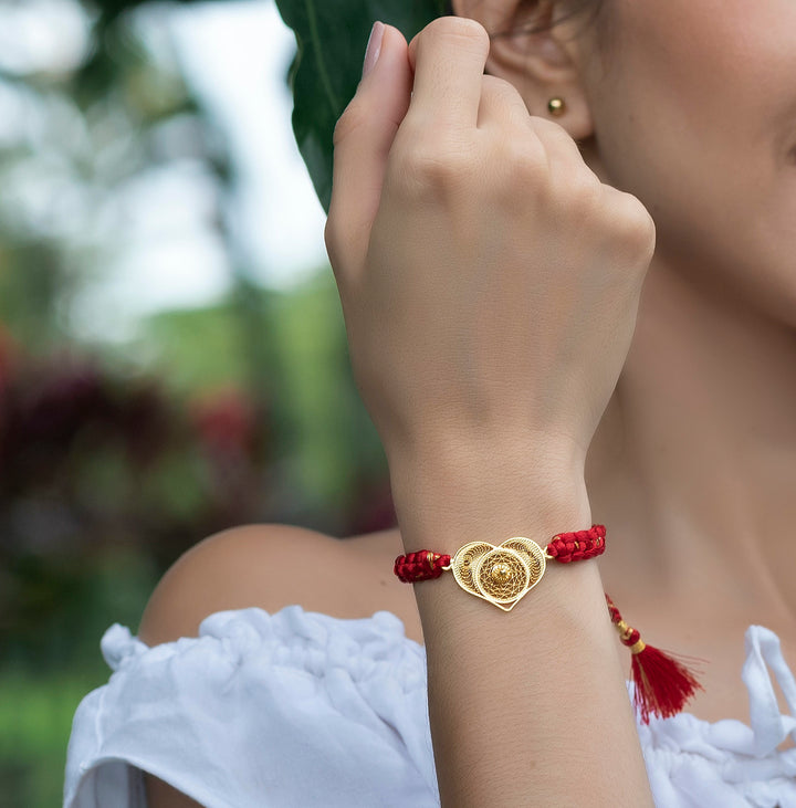 Adjustable Filigree Heart Bracelet Red - Gold on Model