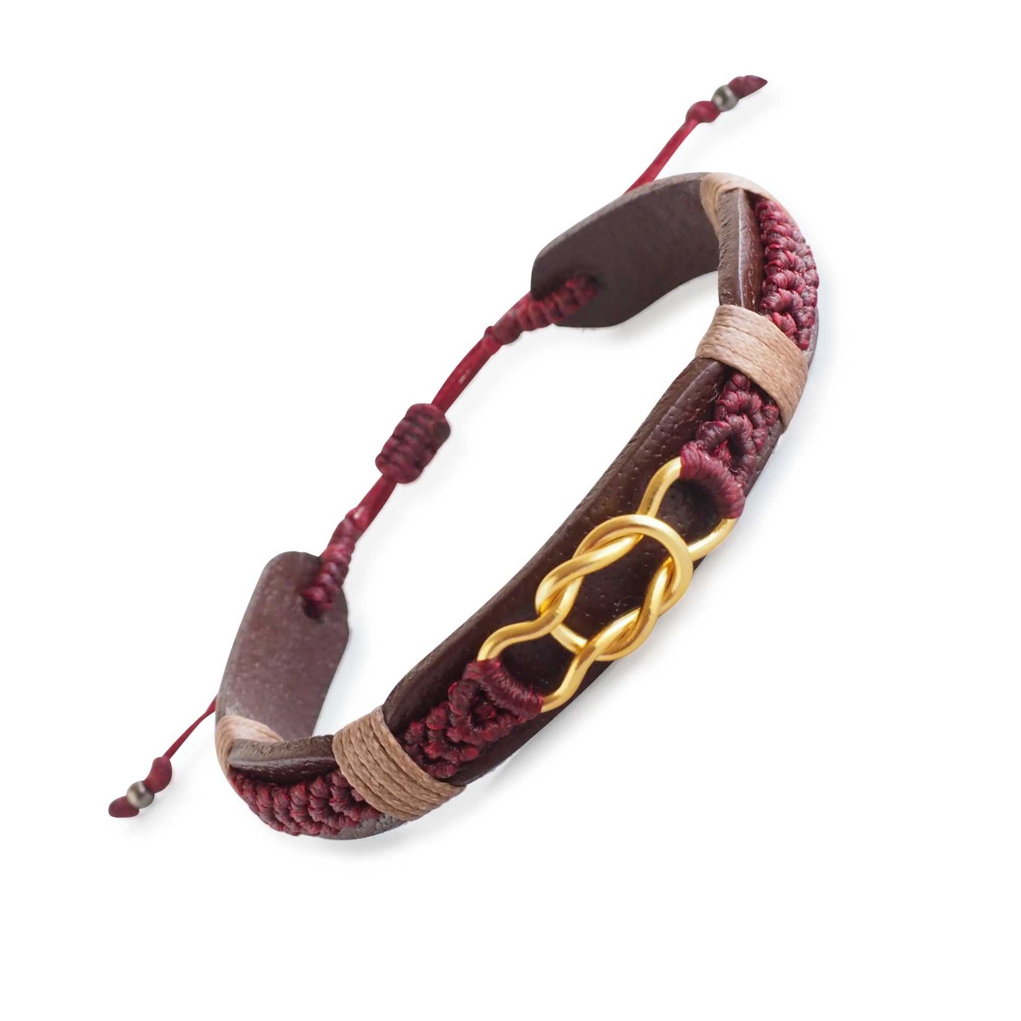 Mens Infinity Leather Bracelet, Gold Knot Bracelet Brown-Burgundy