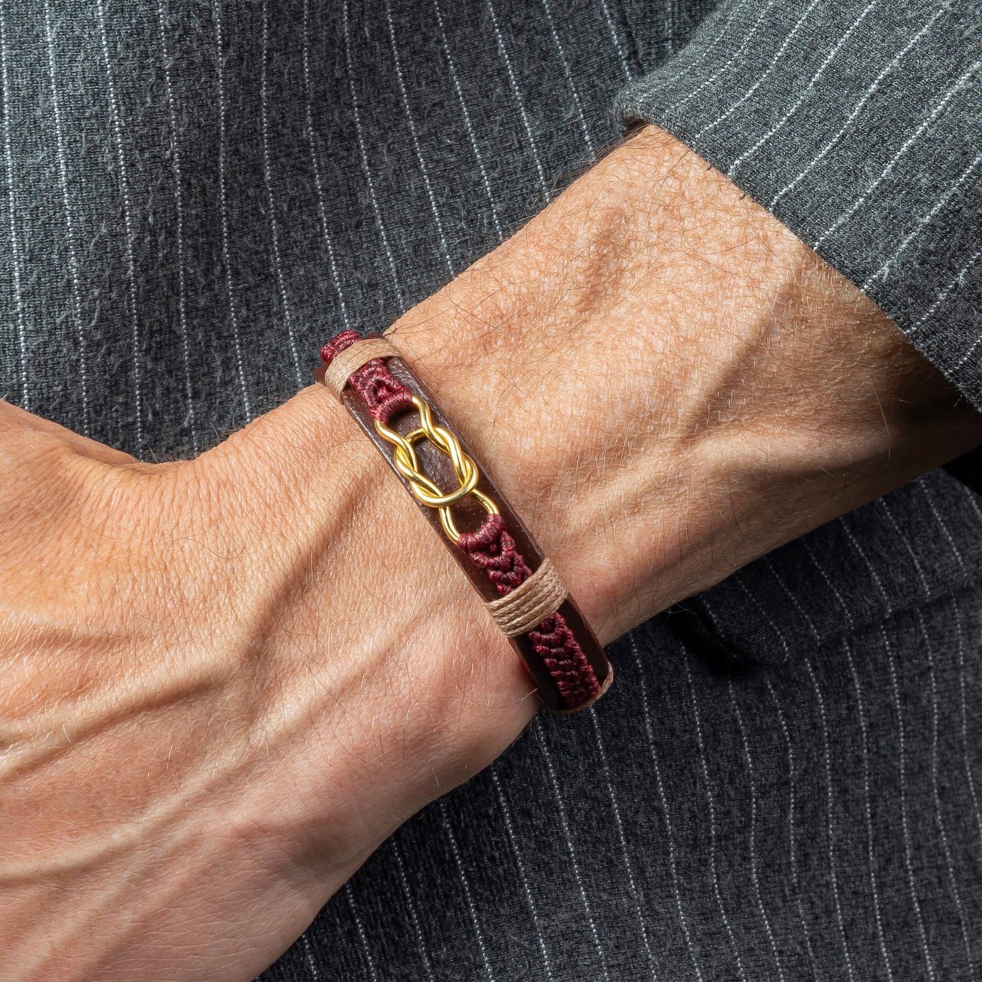 Men's Infinity Knot Bracelet Gold - Burgundy on Model