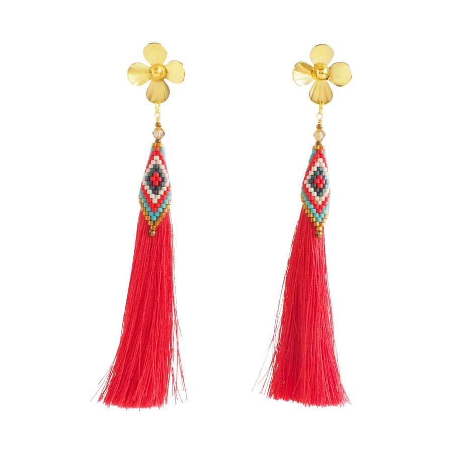 Lily Miyuki Beaded Tassel Earrings Red