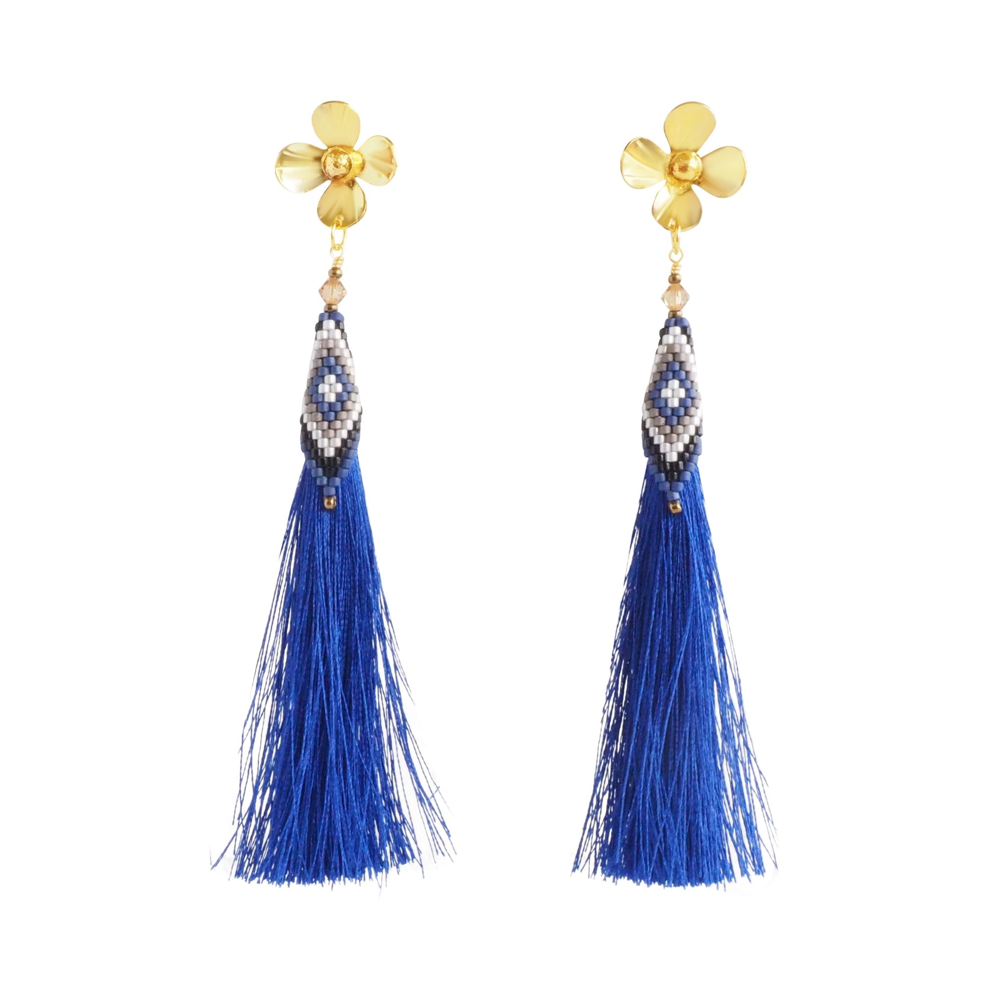 Lily Miyuki Beaded Tassel Earrings Royal Blue