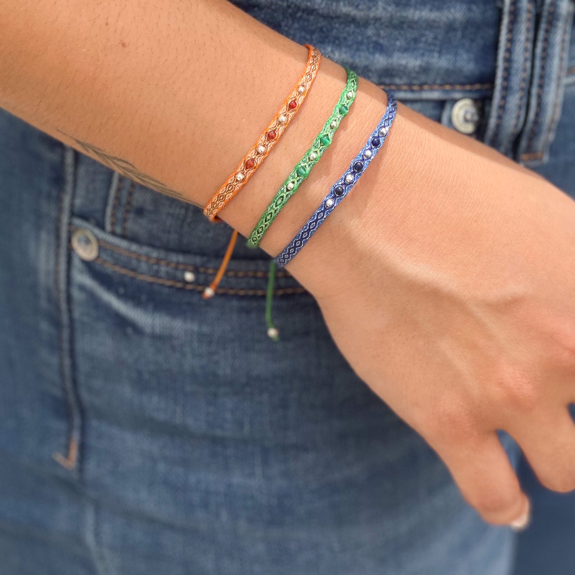 Egyptian Loom Chakra Bracelet, Orange, Green, Indigo with gemstones and silver beads, 40 threads adjustable bracelet