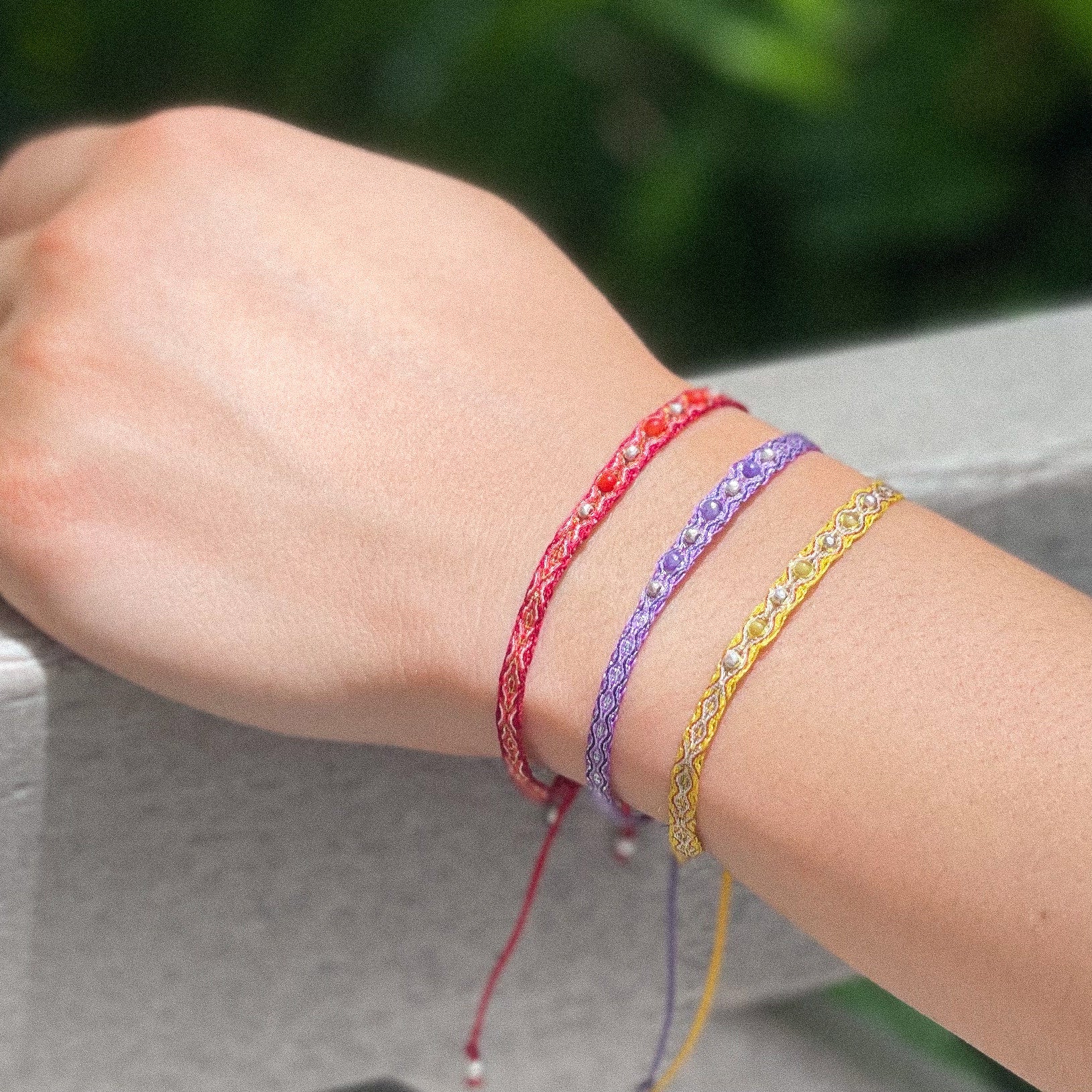 Egyptian Loom Chakra Bracelet, Red, Violet, Yellow with gemstones and silver beads, 40 threads adjustable bracelet