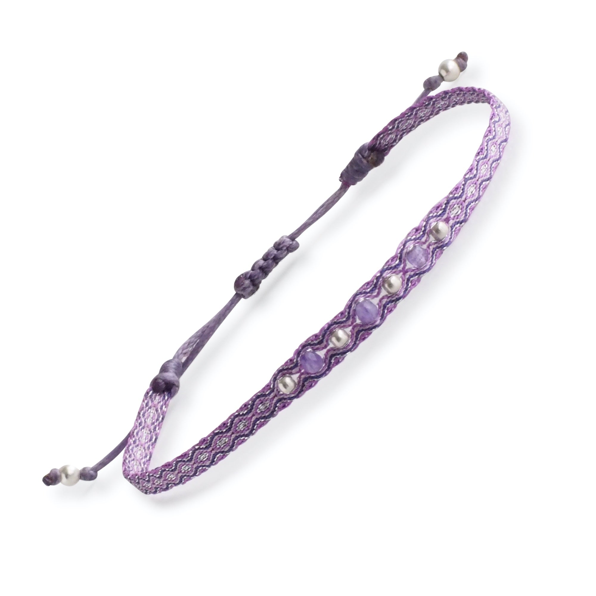Egyptian Loom Chakra Bracelet, Violet with Amethyst and Silver beads, 40 threads adjustable bracelet