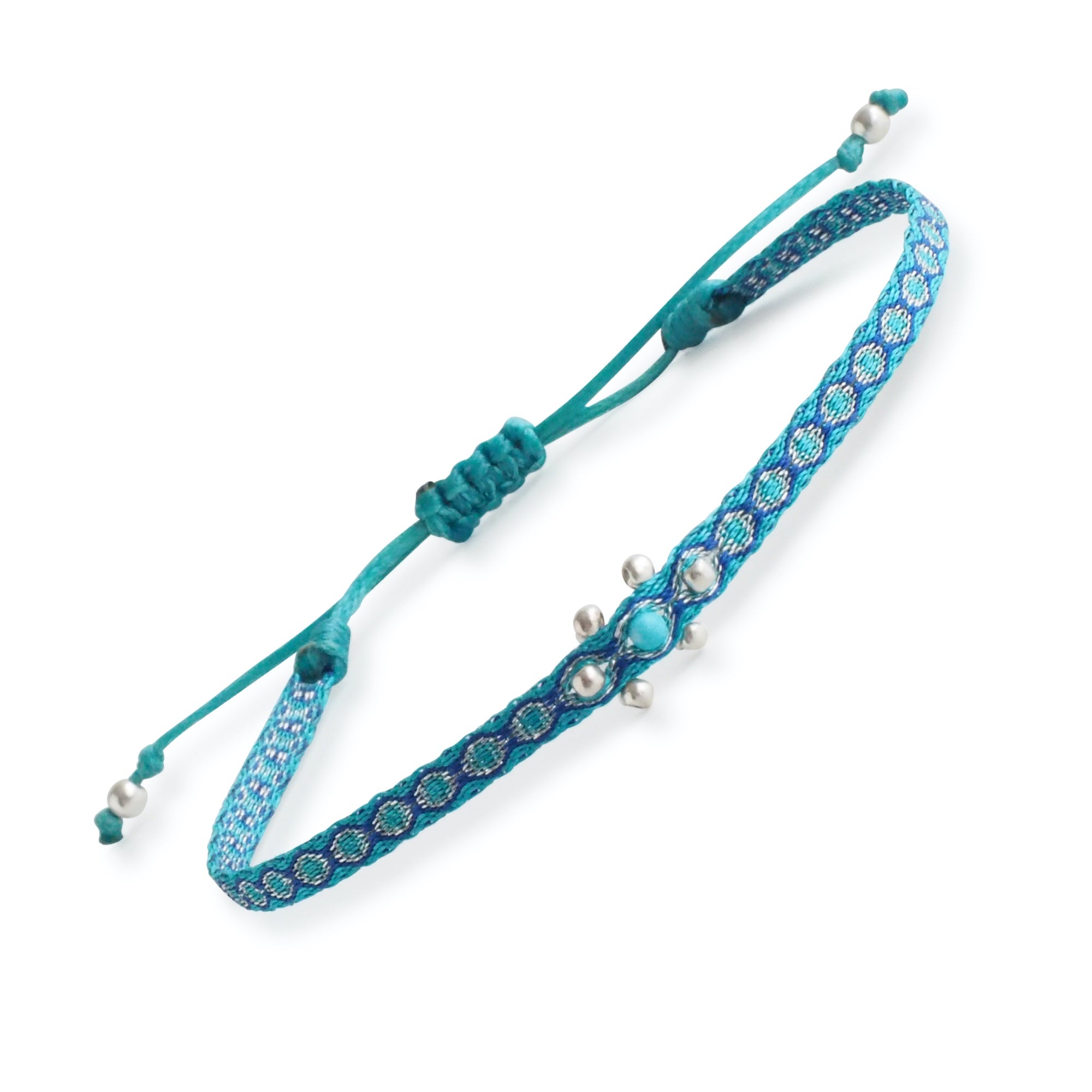 Adjustable Egyptian Loom Beaded Centered Chakra Bracelets Blue, With turquoise gemstone in the center and sterling silver beads