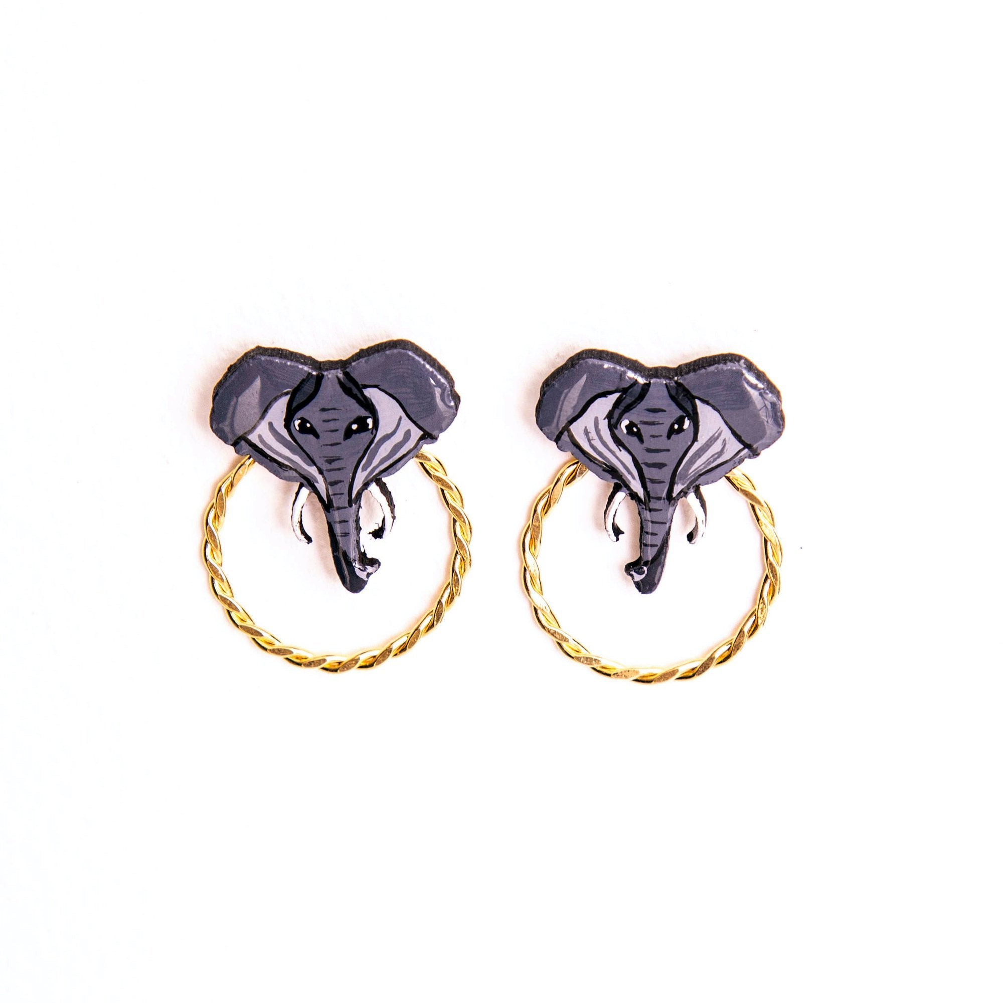 Elephant Wood Stud Earrings with gold hoop