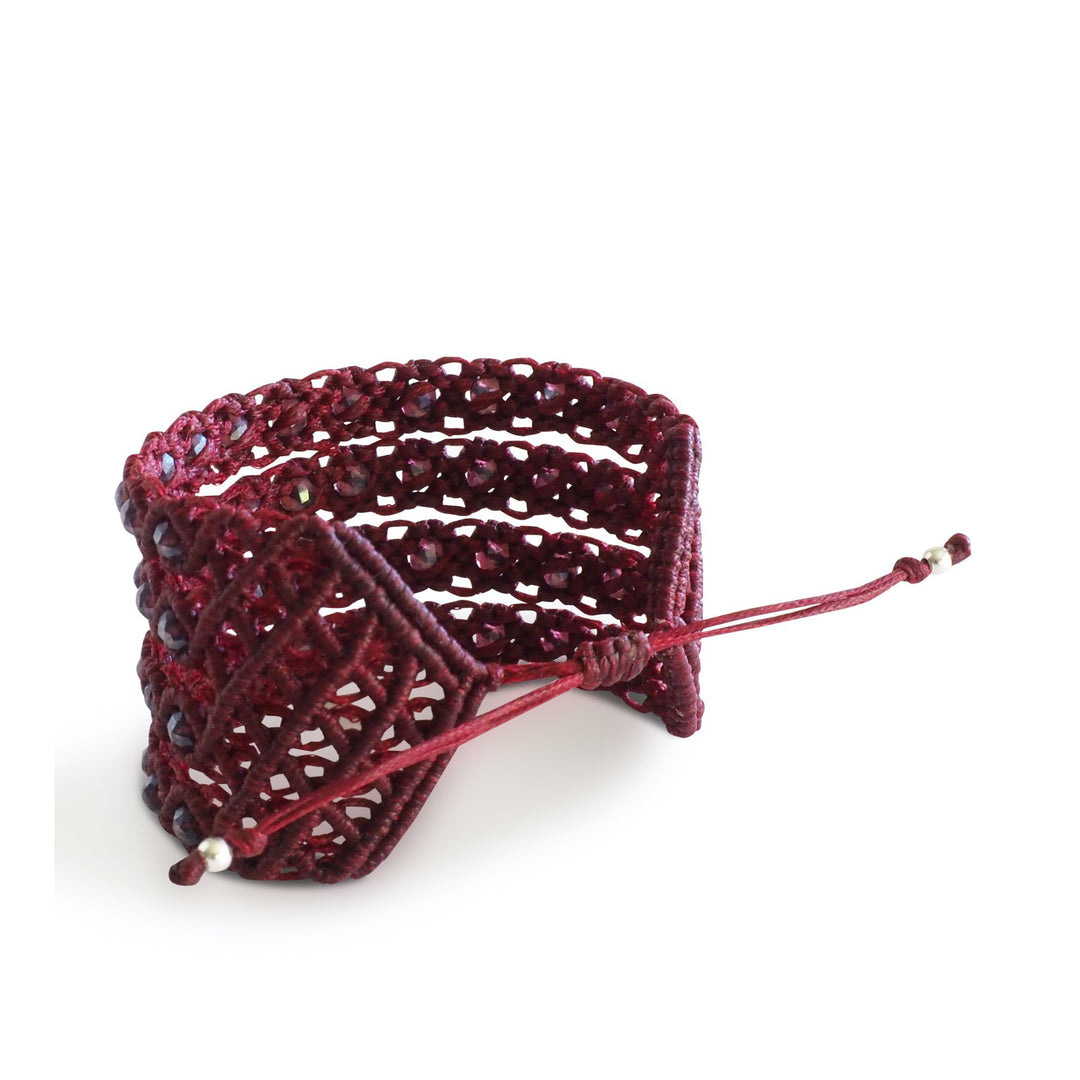 Macrame Cuff Adjustable Cuff Bracelet with Czech Murano beads back - Burgundy