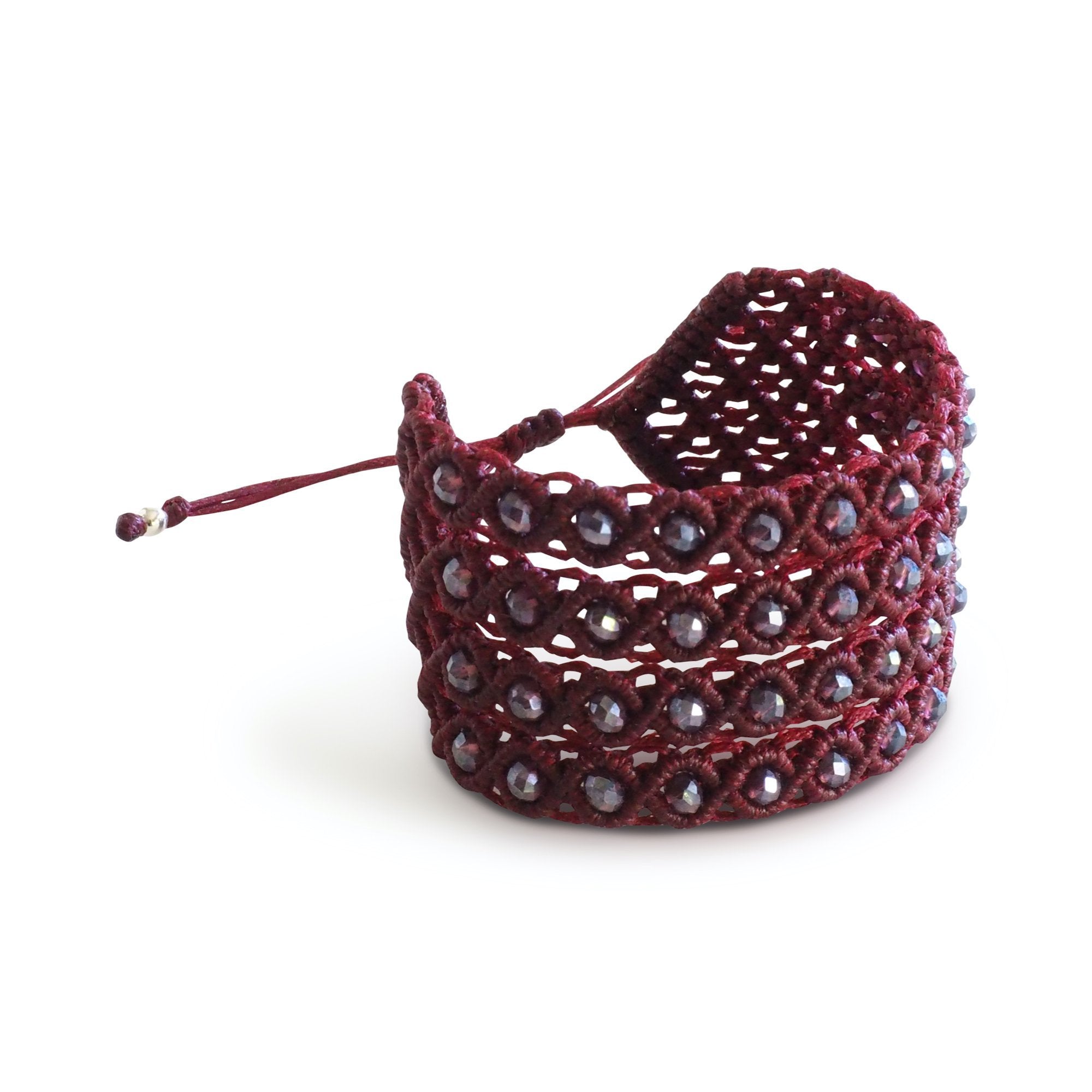 Macrame Cuff Adjustable Cuff Bracelet with Czech Murano beads - Burgundy