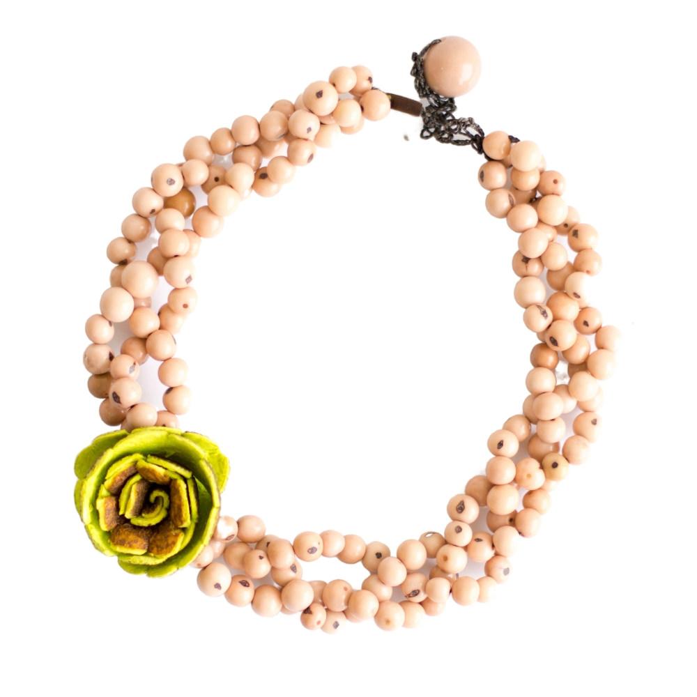 Flor Braided Necklace, with an orange peel flower. Lime flower with rose acai beads