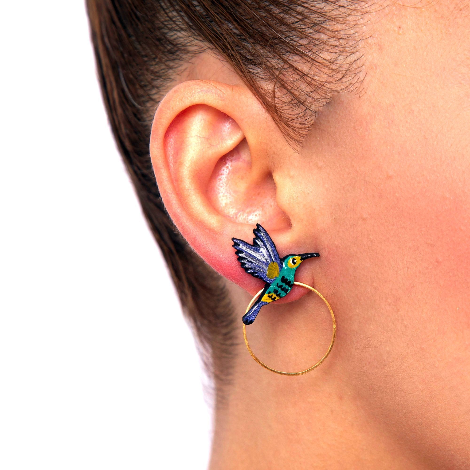 Hummingbird Stud Earrings with gold hoop model