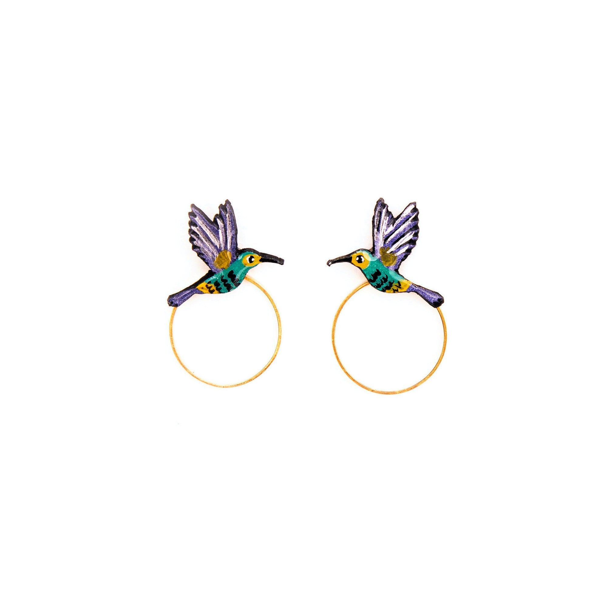 Hummingbird Stud Earrings with gold hoop