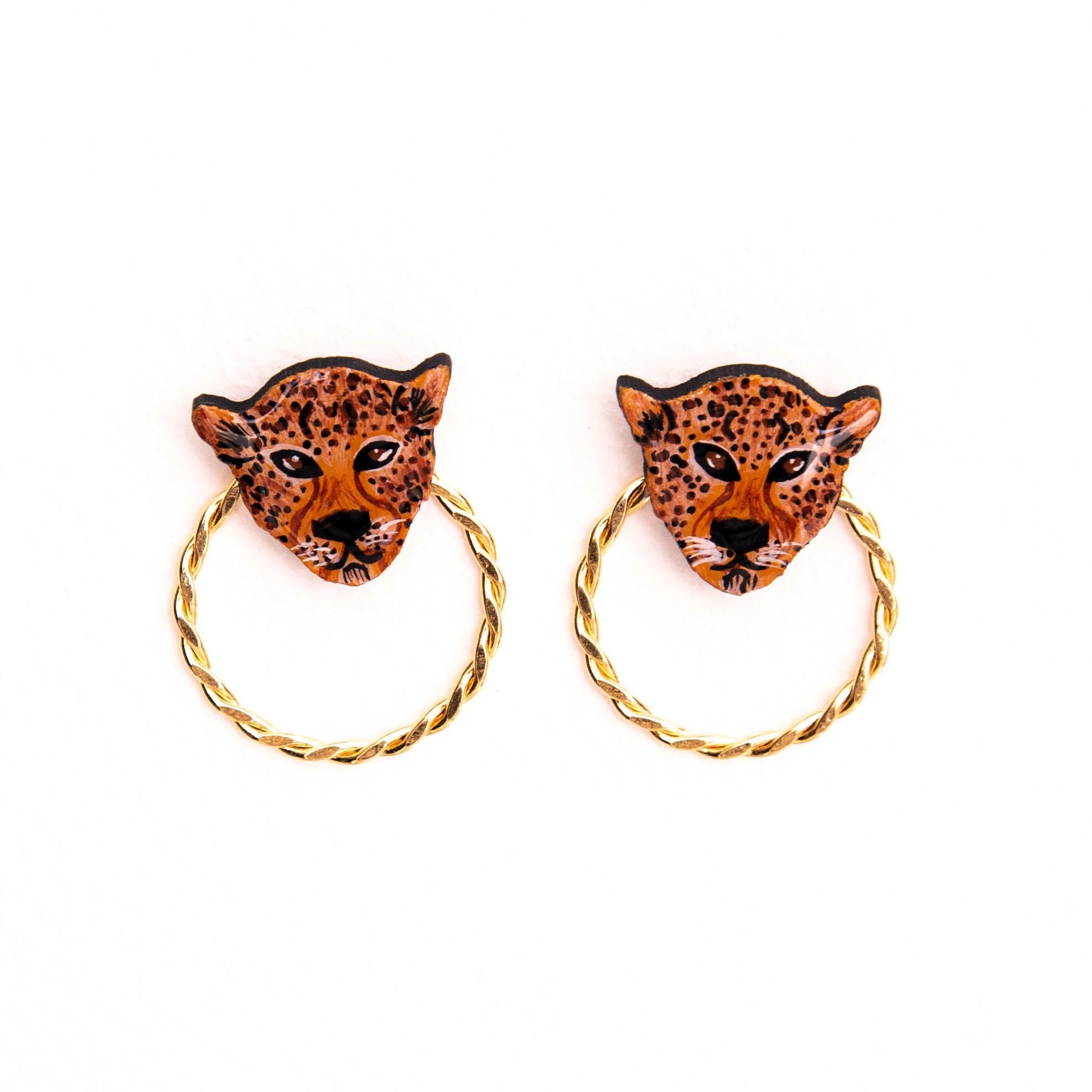 Leopard Wood Stud Earrings with gold hoop