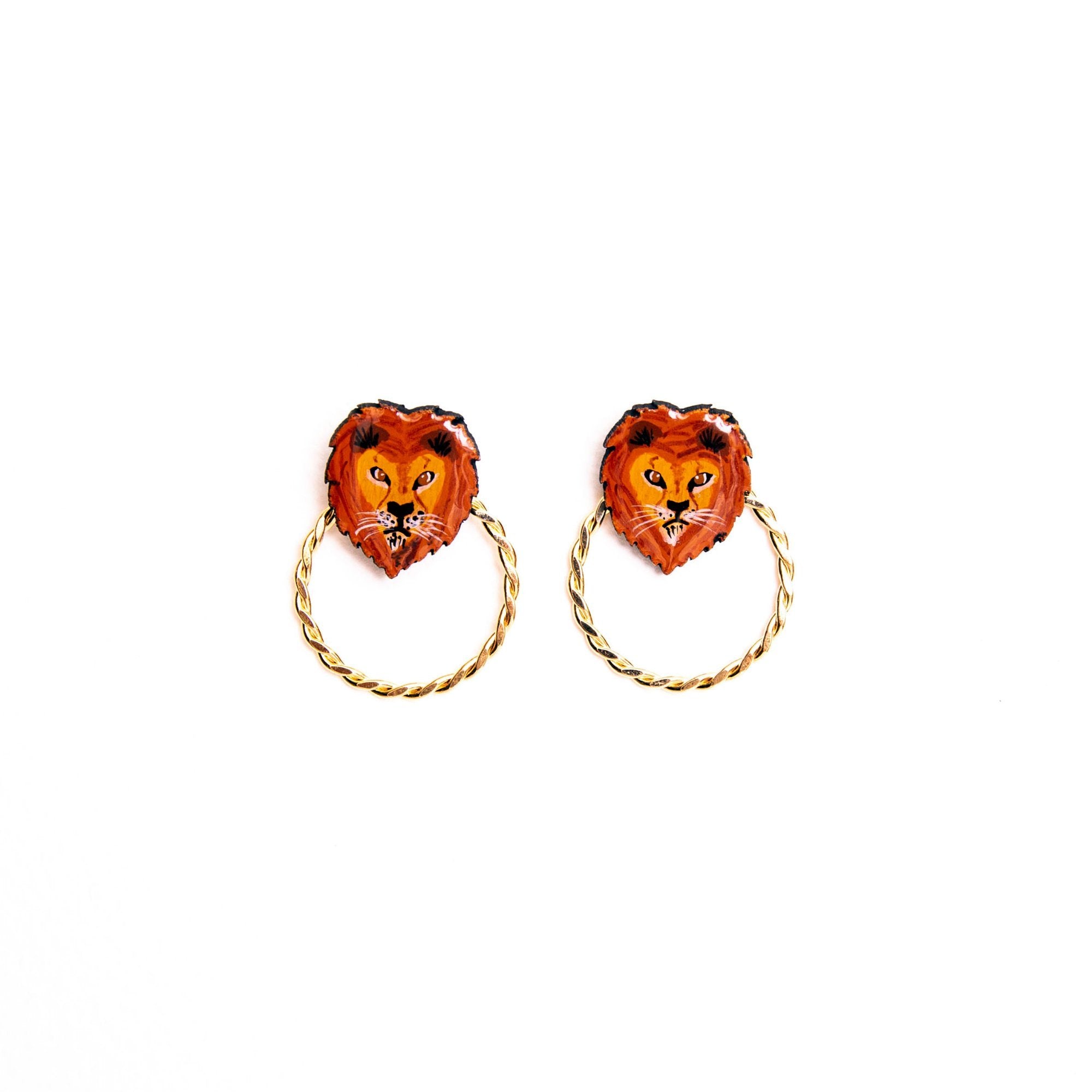 Lion Wood Stud Earrings with gold hoop
