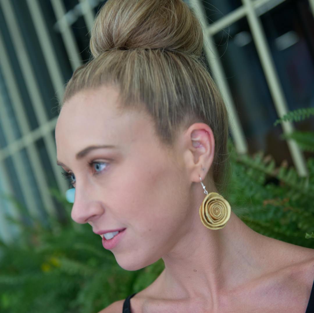 Large Rose Dangle Earrings Cream Yellow on model