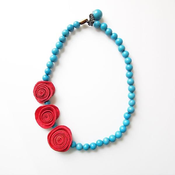 Rose Princess Orange Peel Necklace, Red Rose and Turquoise Beads - Makarla