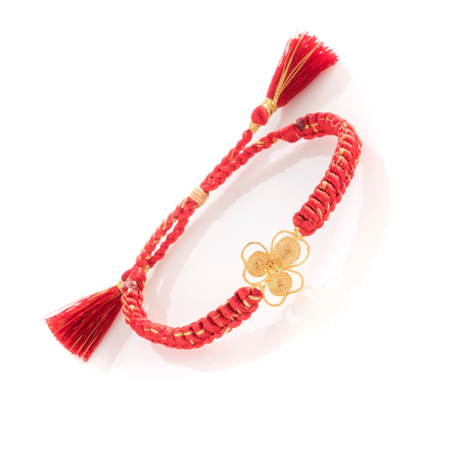 Adjustable Shamrock Gold Filigree Bracelet Red