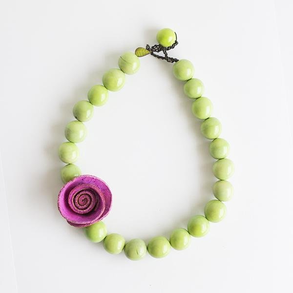 Single Rose Orange Peel Necklace, Violet Rose and Apple Green Beads - Makarla