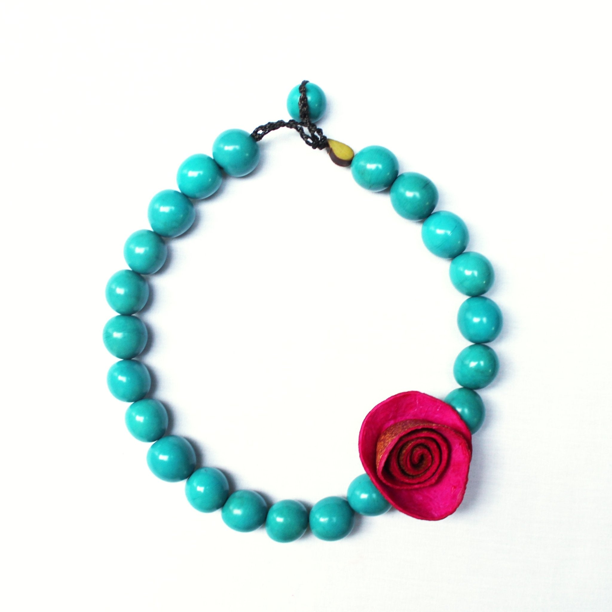 Single Rose Orange Peel Necklace, Pink Rose and Turquoise Beads - Makarla